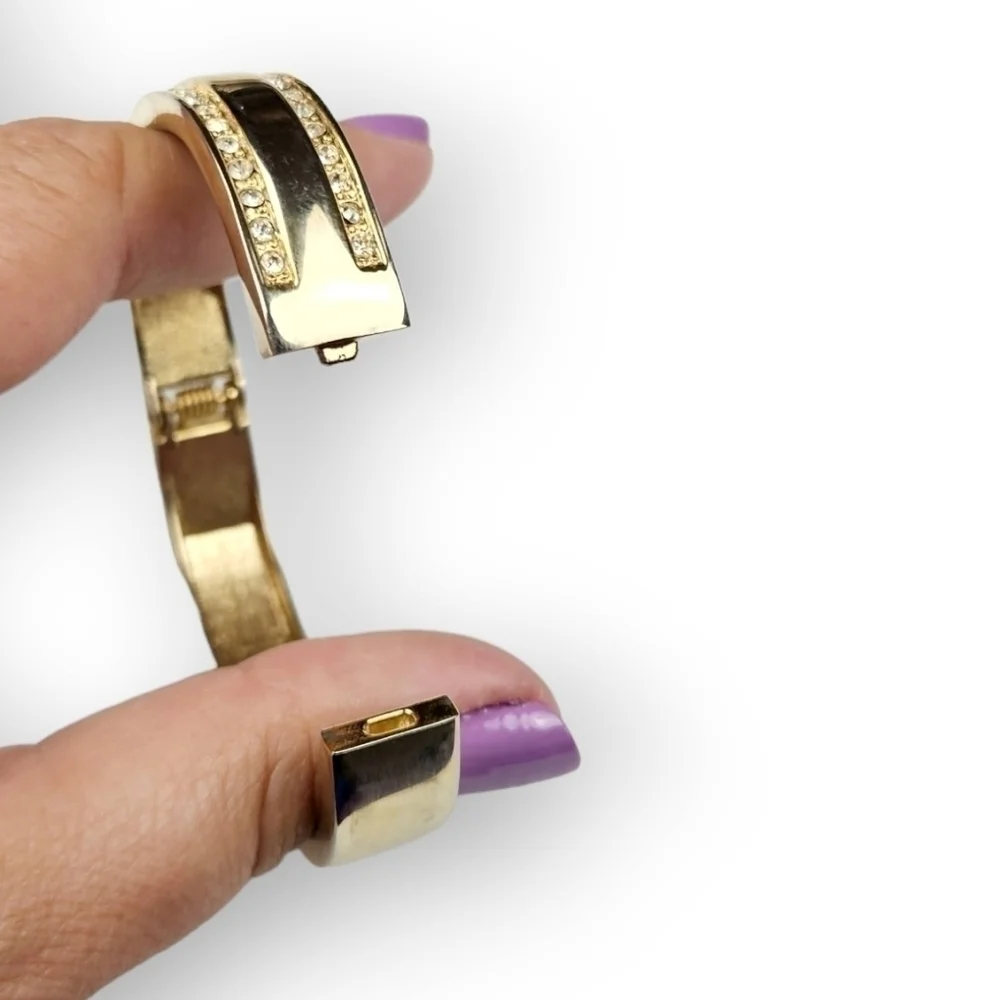 Vintage Rhinestone Cuff Bracelet Clamper Gold Plated Retro Minimalist ~6 7/8